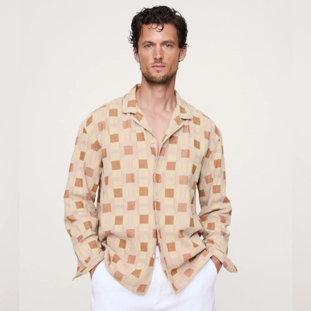 NWT Banana Republic Relaxed Fit Plaid Texture Resort Shirt Sz S (#789720)